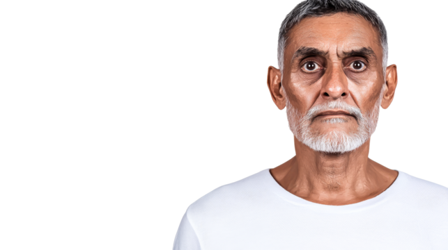 Senior Indian man in t-shirt, portrait, serious expression, cut out transparent