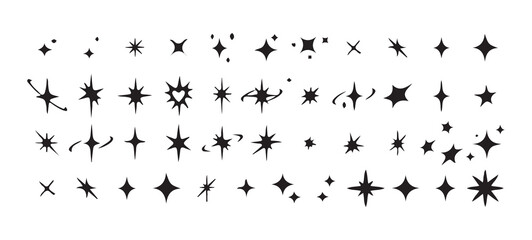 Twinkle, Glow, and Sparkle Icons – Black Silhouette Set, Victor illustration  eps 10