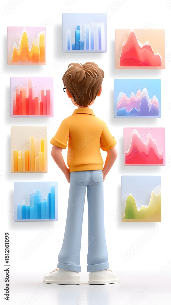 Aufkleber a person studies colorful data charts arranged on a wall, representing various analytics and insight