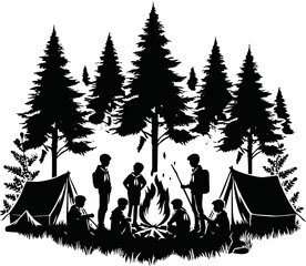 Silhouette of scout kids around campfire with tents and pine trees vector isolated on a white background
