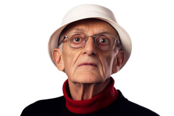 Thoughtful mature adult in spectacles and hat, cut out transparent