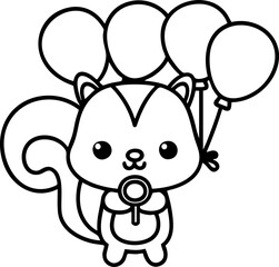 Naklejka premium Cute cartoon squirrel holding four balloons and a lollipop in a playful design