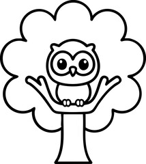 Obraz premium Cartoon owl sitting on tree branch with stylized cloud-like tree design
