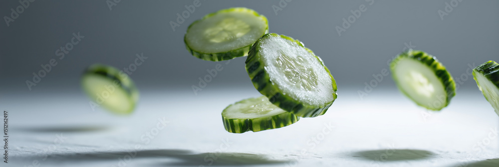 Poster a close up of a bunch of cucumbers with one slice missing. the cucumbers are flying through the air,