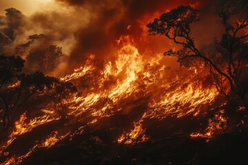 Intense wildfire blazing through forested landscape
