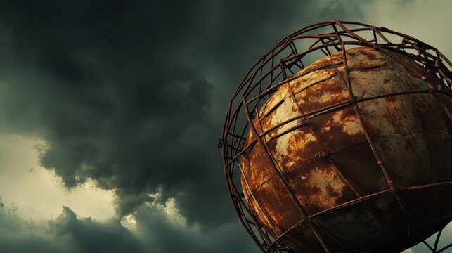 Rusty globe cage against stormy sky - Powered by Adobe