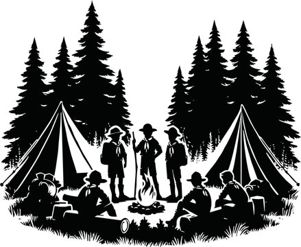 Silhouette of scout kids around campfire with tents and pine trees vector isolated on a white background
