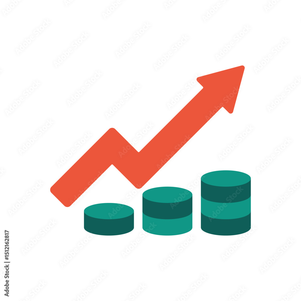 Poster flat style rising chart illustration with three piles of green coins and zigzag red arrow on white b