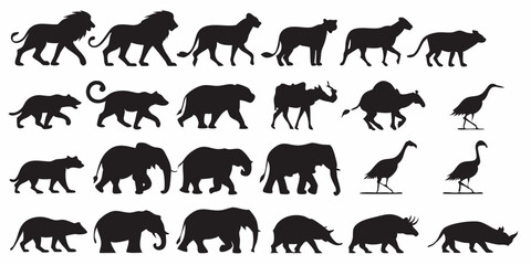 Black animal silhouettes illustrating wildlife diversity through striking, simplified shapes in bold minimalist design.