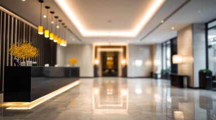 Lobby area with reception desk lighting and shiny floor in a building.