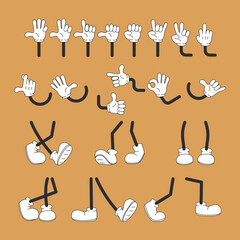 Set of cartoon characters legs and arms in different poses. Collection of comic legs and arms for retro characters of 70s. Retro-smoky hippie illustration for sticker.