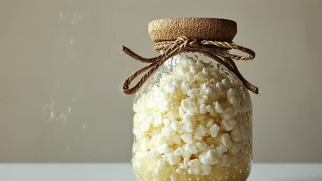 Fermented Water Kefir Grains in Glass Jar Close Up Still Life Aesthetic Shot