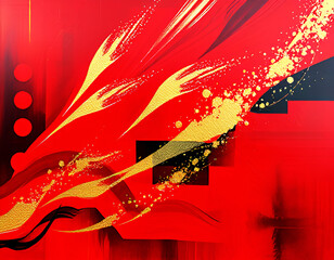 Dynamic abstract painting featuring bold red tones with sweeping gold accents and geometric black elements. Energetic brush strokes and splashes create a striking, modern visual impact