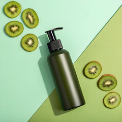 A dark olive green pump bottle, sleek and matte, tilts gently to the side.