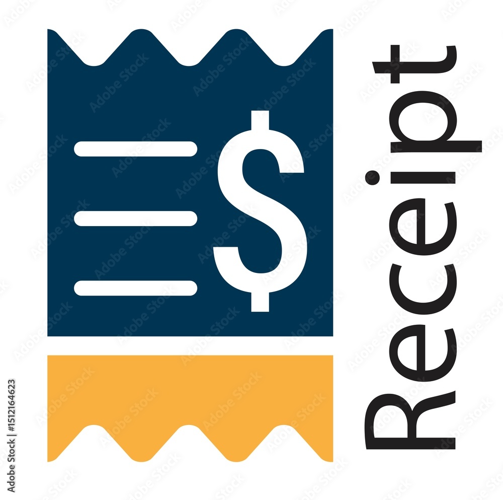 Fototapete Icon depicting a stylized receipt with a jagged top edge. It features a large dollar sign and horizontal lines, symbolizing text, set against a dark blue background