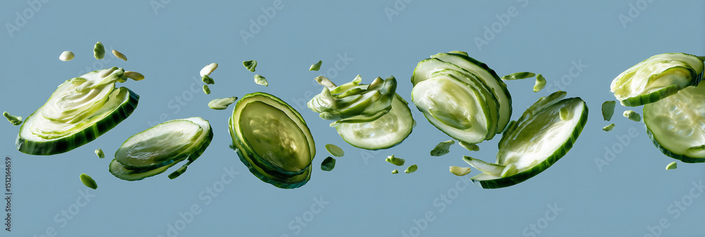 Poster a series of cucumber slices are flying through the air. the slices are in various stages of being cu