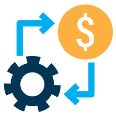 Vector illustration of shiny gold dollar arrows and gears, symbolizing business growth and financial success
