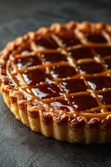 macro shot of fresh caramel tart with glossy finish, plain white background, hyper-realistic style, soft studio lighting, rich brown and beige tones, centered subject with minimal negative space