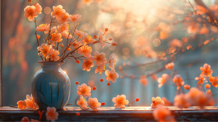 Soft golden sunlight on cherry blossoms. Elegant ceramic vase with blooming flowers on windowsill. Perfect for romantic, seasonal, or floral design use.