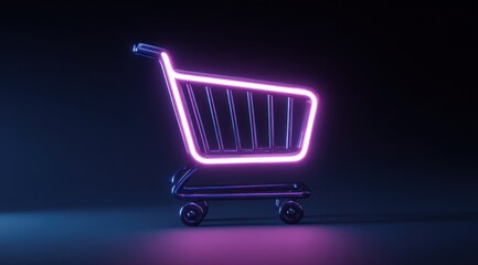 Neon shopping cart symbol glows in a dark setting with reflective surface.