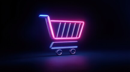 Neon shopping cart symbol glowing pink and blue against a dark background.