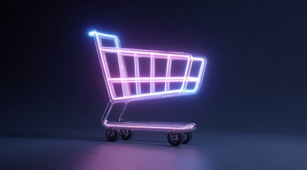Glowing shopping cart icon on a dark surface with neon pink and blue.