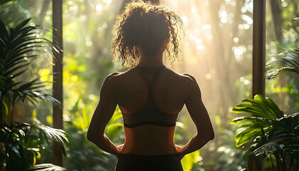 Woman from behind, curly hair, sports bra, hands on hips, bright light & green plants background, wellness vibe