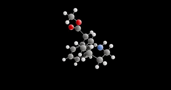 Dexmethylphenidate molecule, rotating 3D model of cns stimulant, looped video on a black background
