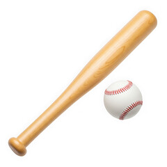 Isolated baseball bat made of wood and a baseball with red stitching on black background