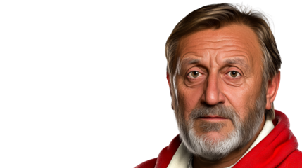 Portrait of elderly man with gray beard, neutral expression, cut out transparent