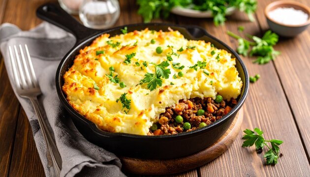 Shepherd pie in cast iron skillet with savory meat filling and creamy mashed potatoes topping. Traditional comfort food.