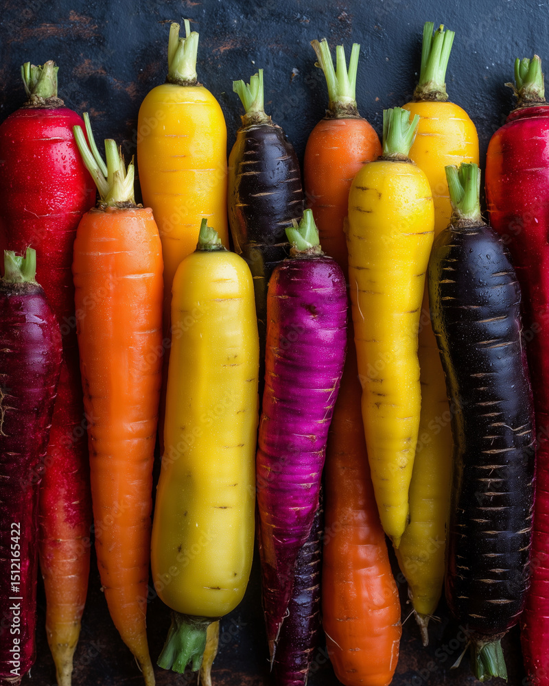 Poster a row of carrots with different colors and sizes. the carrots are arranged in a way that they are al