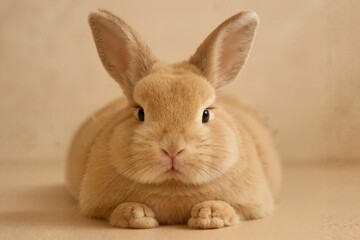 Obraz premium Fluffy brown rabbit resting calmly on a soft surface indoors 