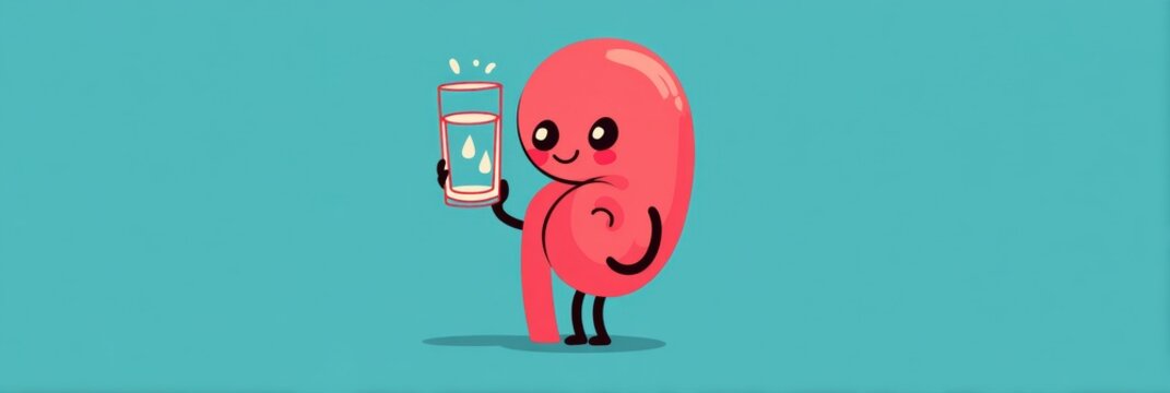Cute Kidney Character Happily Drinking Water in a Bright Background With Minimal Cartoon Style Design
