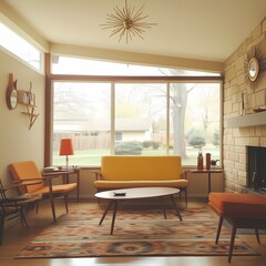 Fototapeta premium Bright mid-century modern living room, sunburst clock, sleek lines, patterned rug