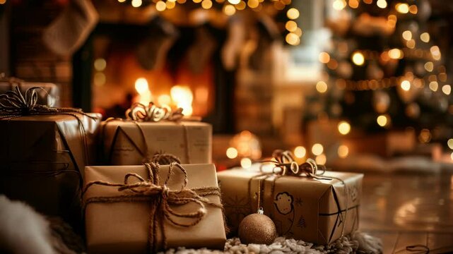 A cozy holiday scene showcases wrapped gifts, a fireplace with stockings, and a Christmas tree adorned with lights. The warm glow creates a festive atmosphere for celebration.