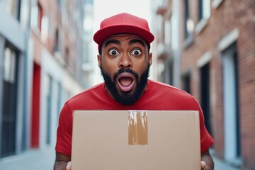 Funny delivery person struggling with stuck package on solid background
