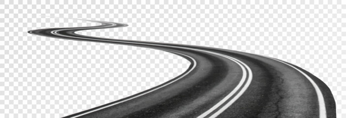 Automobile road, two-lane curved asphalt road going into the distance on a transparent background. Realistic highway going into the horizon, vector, png.   © Iryna