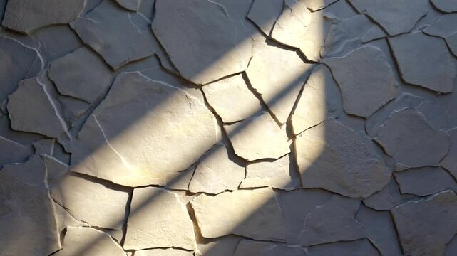 Close-up view of a textured stone wall illuminated by sunlight, highlighting natural patterns