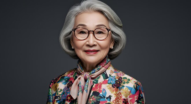 Senior Woman Portrait with Glasses and Floral Jacket