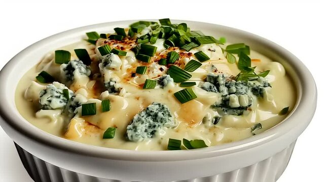 Creamy blue cheese dip with fresh chives presented in white bowl close up