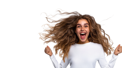 Happy young woman cheering, brown hair, triumph gesture, cut out transparent