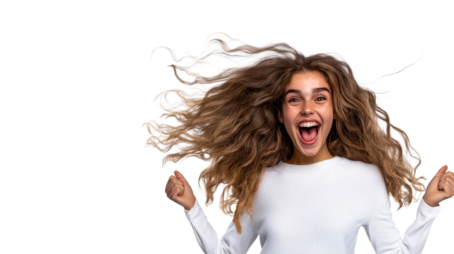 Happy young woman cheering, brown hair, triumph gesture, cut out transparent