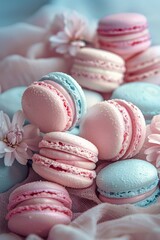 Fototapeta premium macro shot of colorful macarons with smooth texture, textured linen surface, realistic style, soft diffused lighting, pastel pink and blue tones, centered subject with negative space around