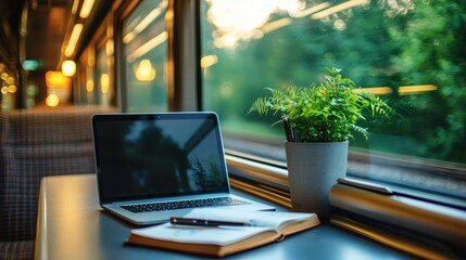 cozy train table with laptop, pen, and travel book, natural light and focused vibe