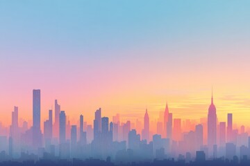 Obraz premium City skyline silhouette against a colorful gradient sky at sunrise or sunset.