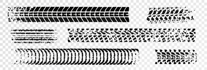 Traces of car, motorcycle tread. Curved realistic traces of tires of wheels from different types of tread vector png. Car wheels on disks.  © Iryna
