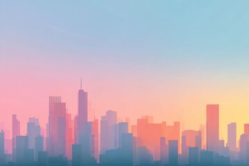 Naklejka premium City skyline silhouette with pastel colors gradient background at sunrise or sunset.