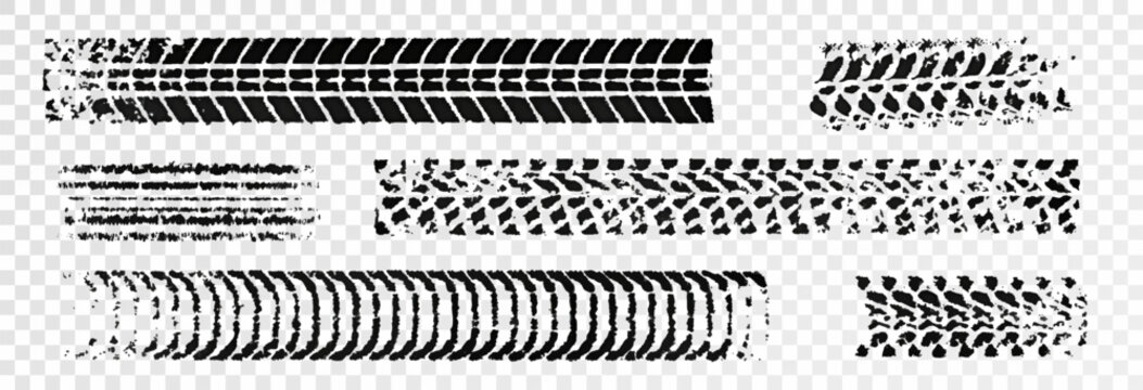 Traces of car, motorcycle tread. Curved realistic traces of tires of wheels from different types of tread vector png. Car wheels on disks.	