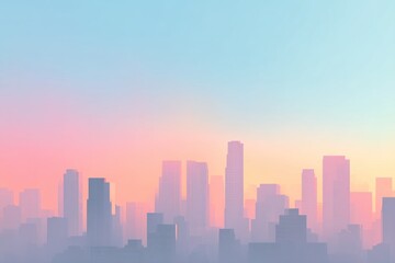 City skyline silhouette at dawn or dusk with soft pastel colors.